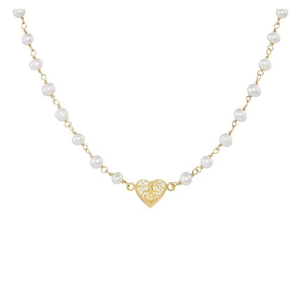 Pearls Necklace, Heart Filigree, Silver Gold plated